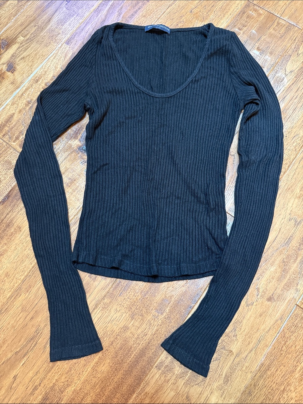 Brandy Melville Ribbed Scoop Neck Long Sleeve Top - Black